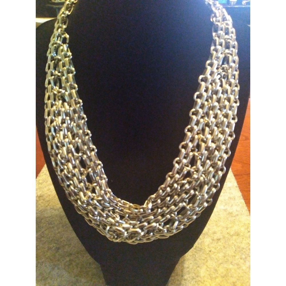 Multi-Strand Silver Chain Statement Necklace Chunky Wide Collar Bib Fashion‎